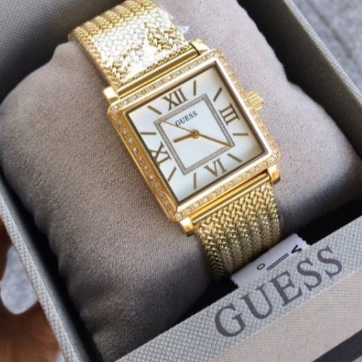 Guess White Dial Gold Mesh Bracelet Watch For Women - W0826L2
