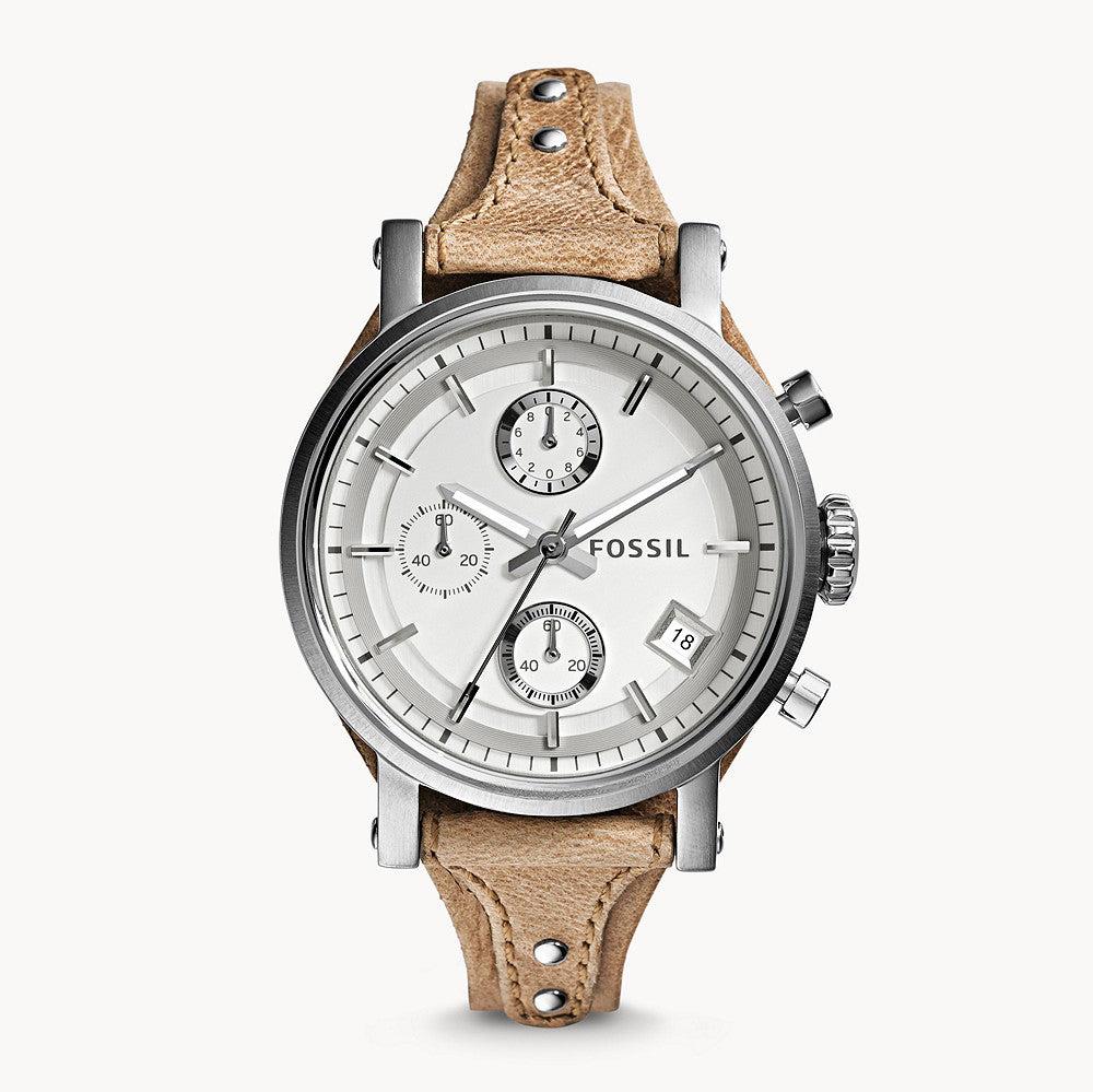 Fossil Boyfriend Chronograph White Dial Brown Leather Strap Watch for Women - ES3625