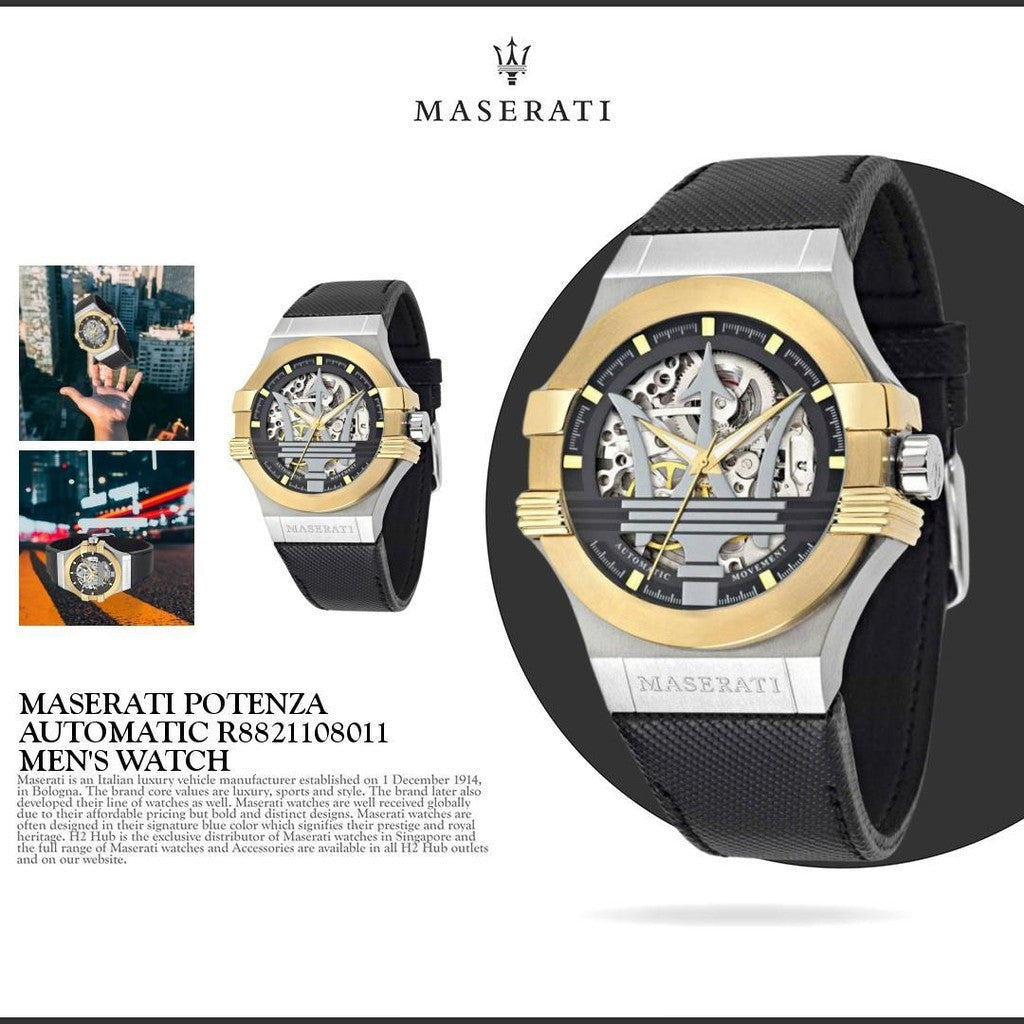 Maserati Potenza Automatic Skeleton Dial Black Leather Strap Watch For Men - R8821108011