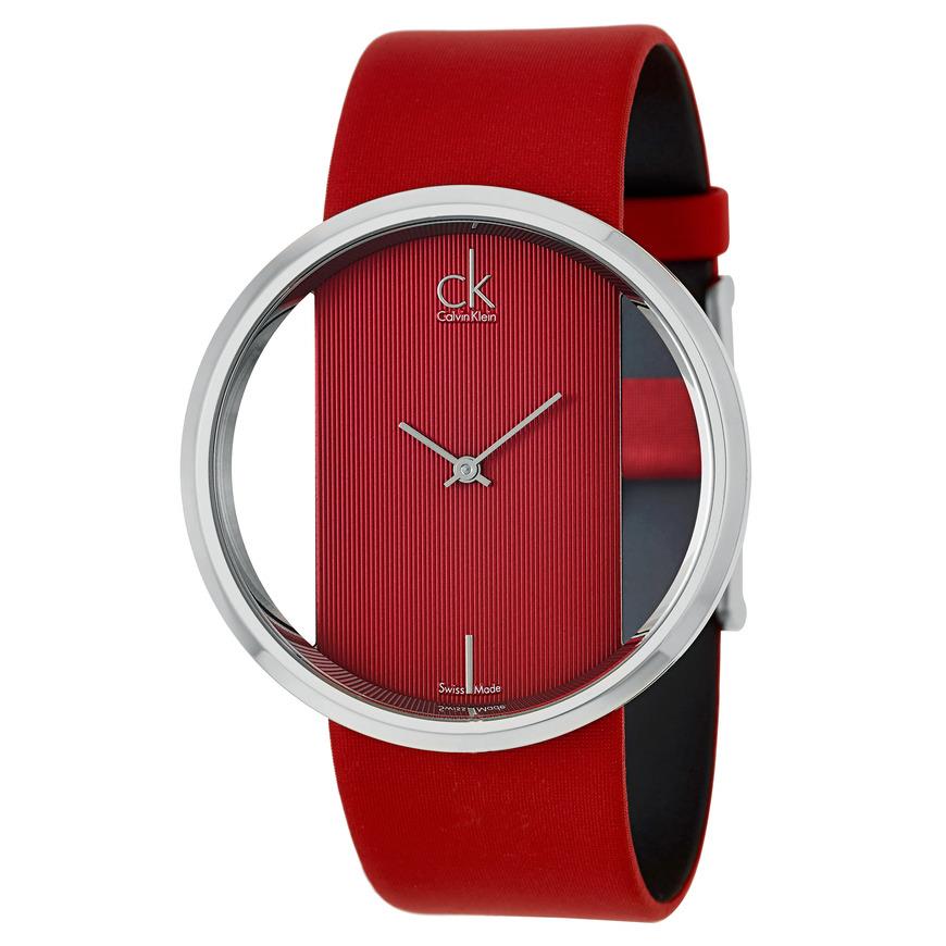 Calvin Klein Glam Transparent Dial Red Leather Strap Watch for Women - K9423144