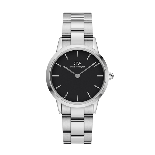 Daniel Wellington Iconic Link Black Dial Silver Steel Strap Watch For Women - DW00100342