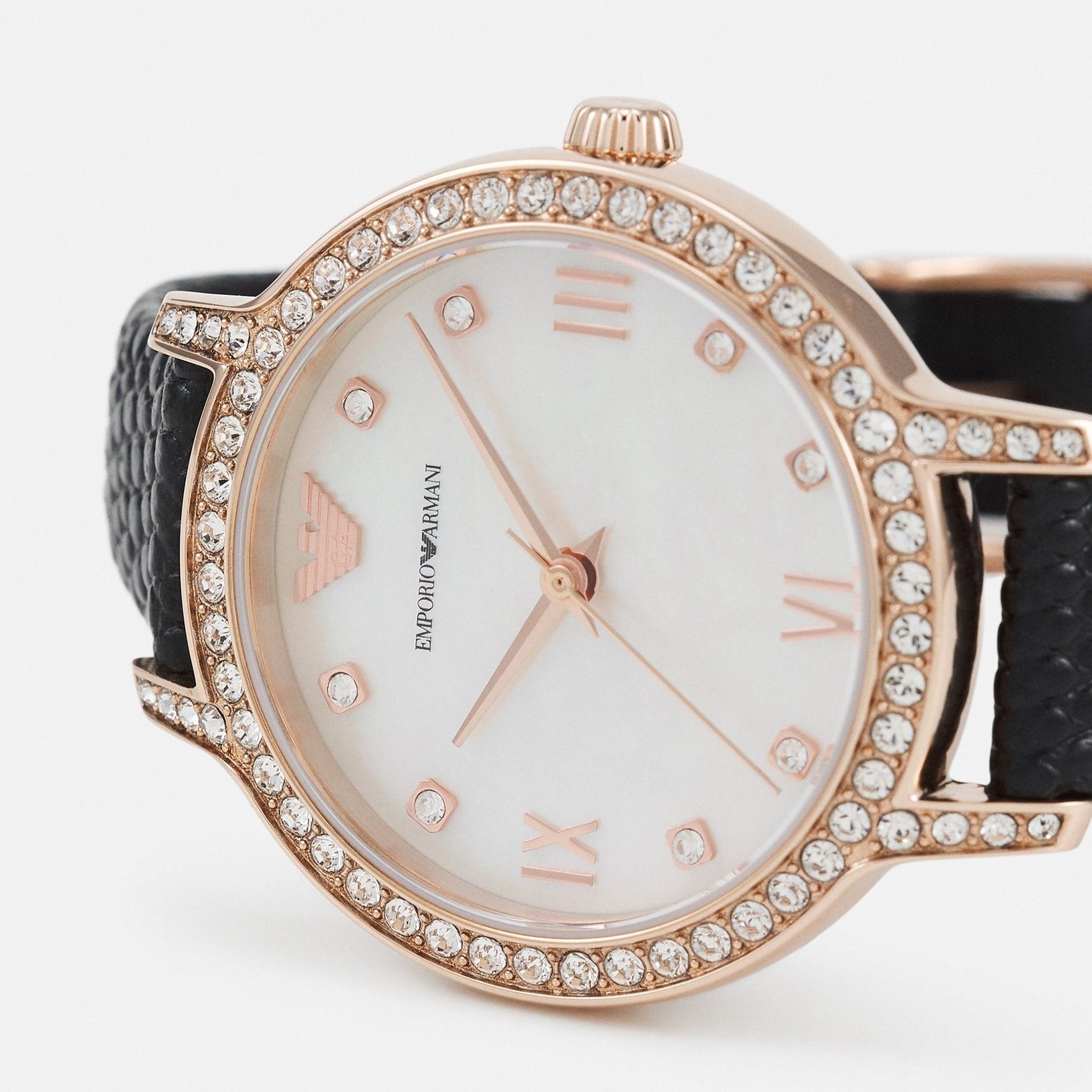 Emporio Armani Cleo Three-Hand Mother of Pearl Dial Black Leather Strap Watch For Women - AR11485