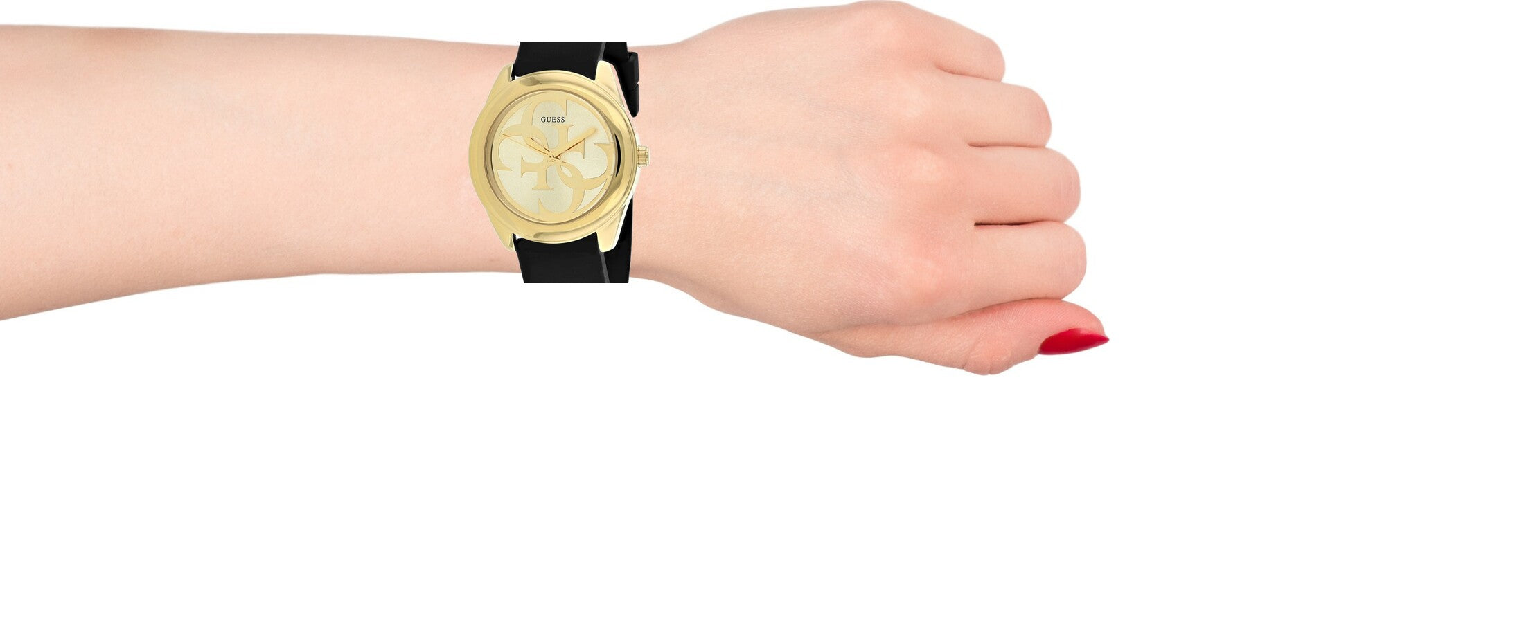 Guess G Twist Gold Dial Black Leather Strap Watch for Women - W0911L3