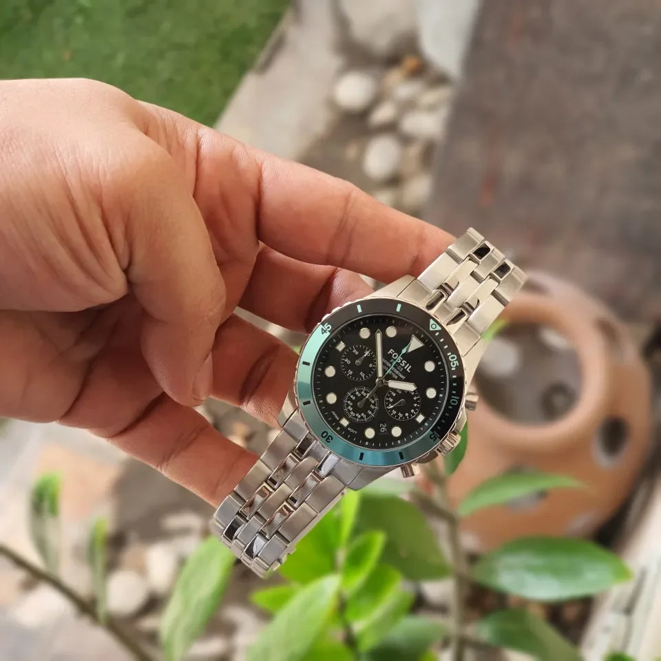 Fossil FB-01 Chronograph Black Dial Silver Steel Strap Watch for Men - FS5827