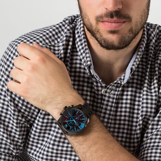 Diesel Mega Chief Chronograph Black Dial Black Steel Strap Watch For Men - DZ4318