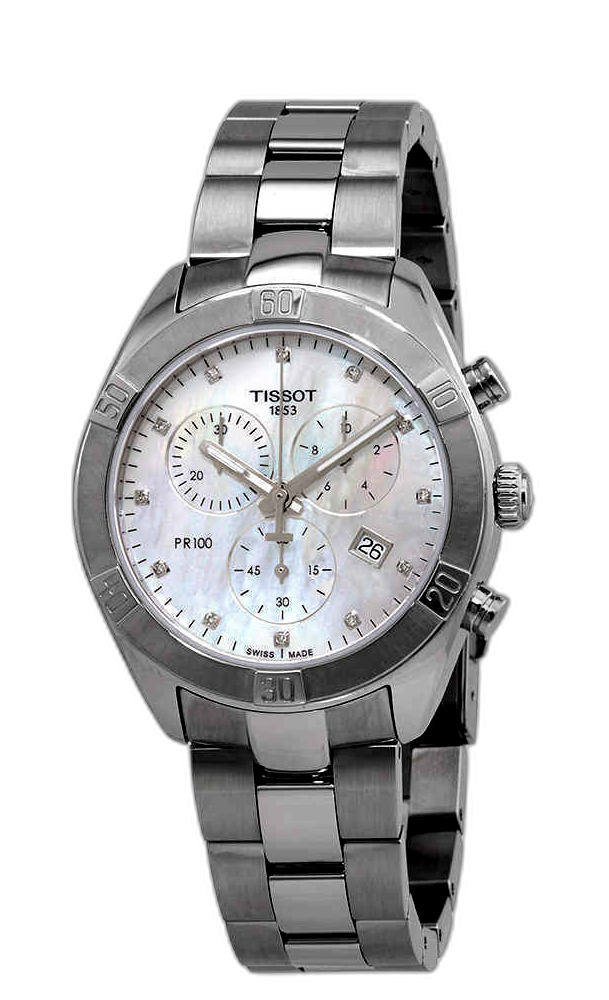 Tissot PR 100 Sport Chic Chronograph Diamonds Mother of Pearl Dial Silver Steel Strap Watch for Women - T101.917.11.116.00