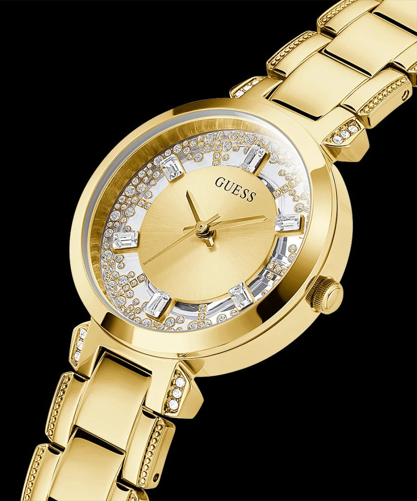 Guess Crystal Clear Analog Gold Dial Gold Steel Strap Watch for Women - GW0470L2