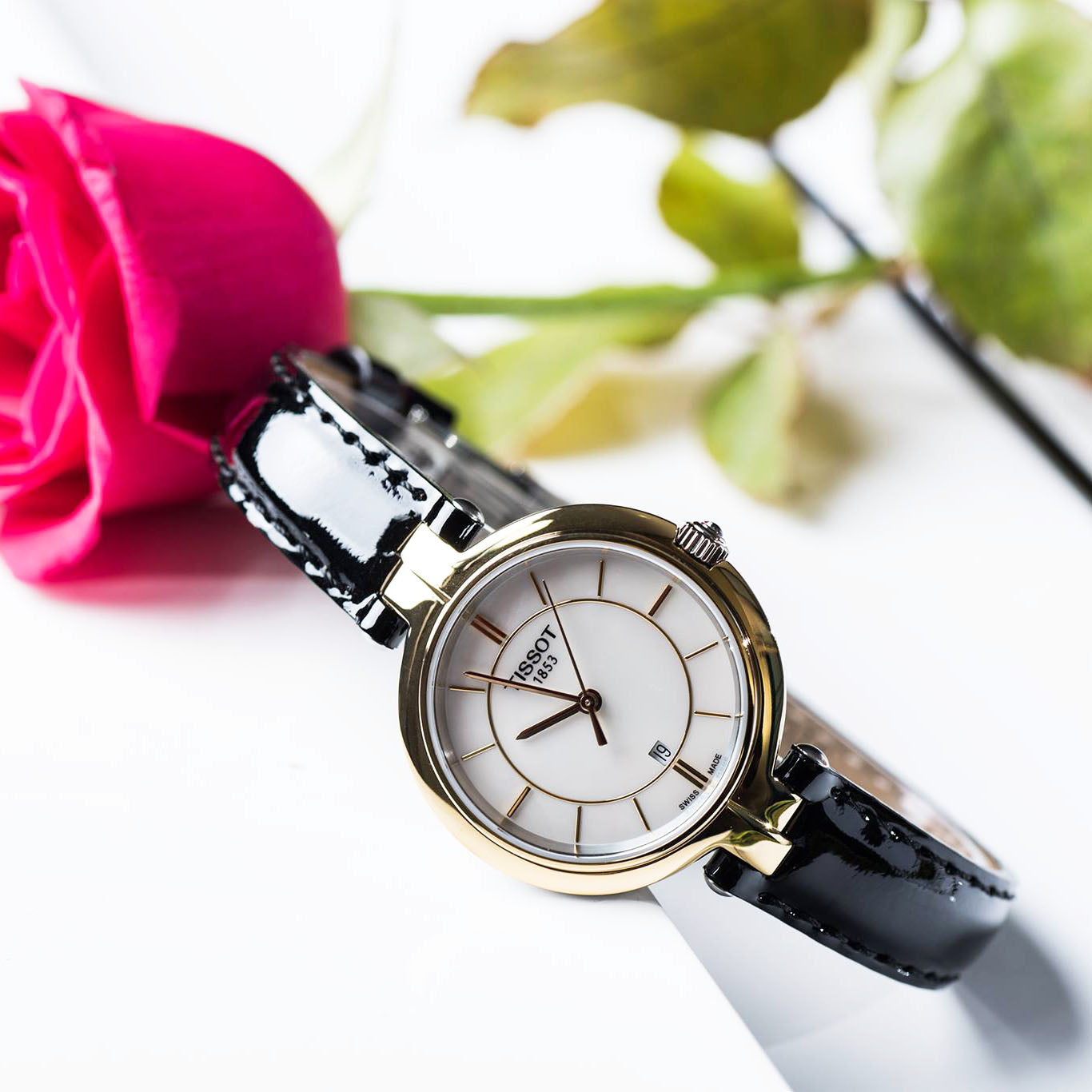 Tissot Flamingo Mother of Pearl White Dial Black Leather Strap Watch For Women - T094.210.26.111.00
