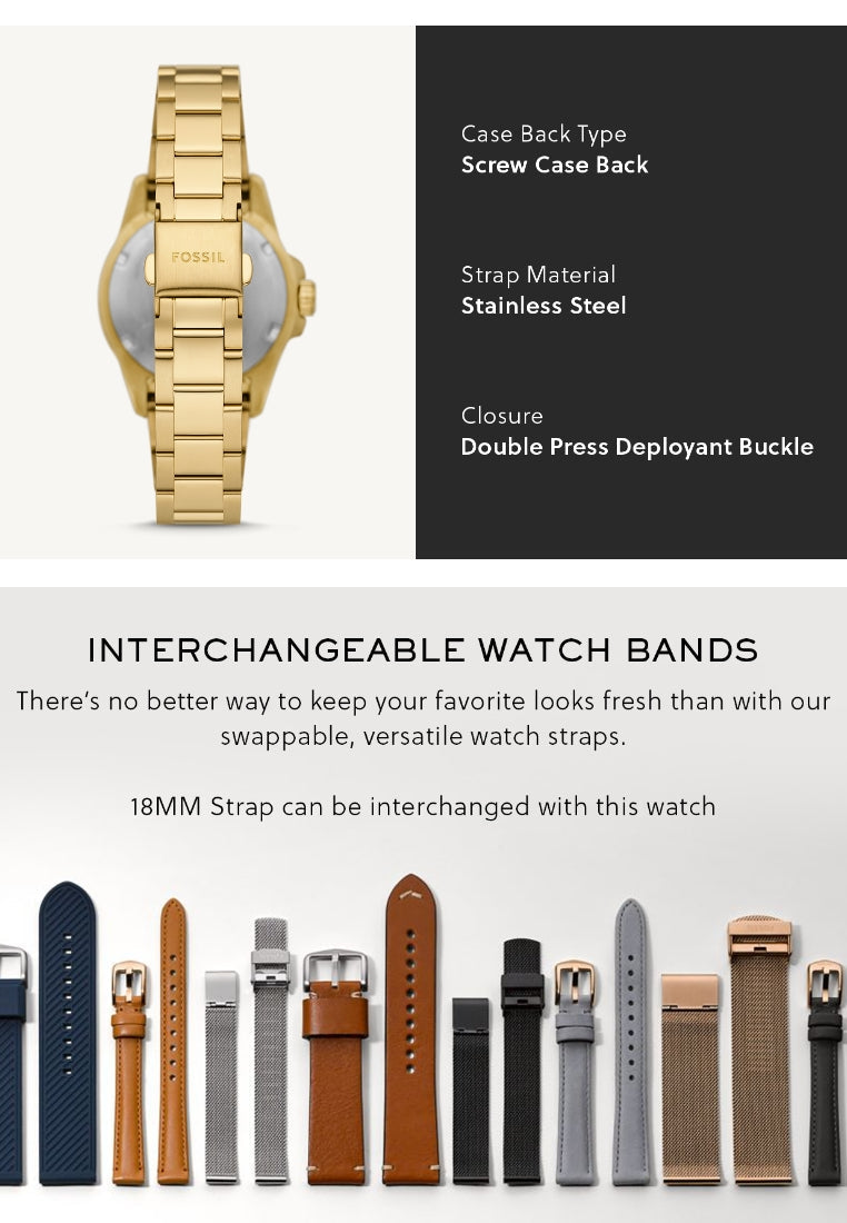 Fossil Blue Dive Three Hand White Dial Gold Steel Strap Watch For Women - ES5350