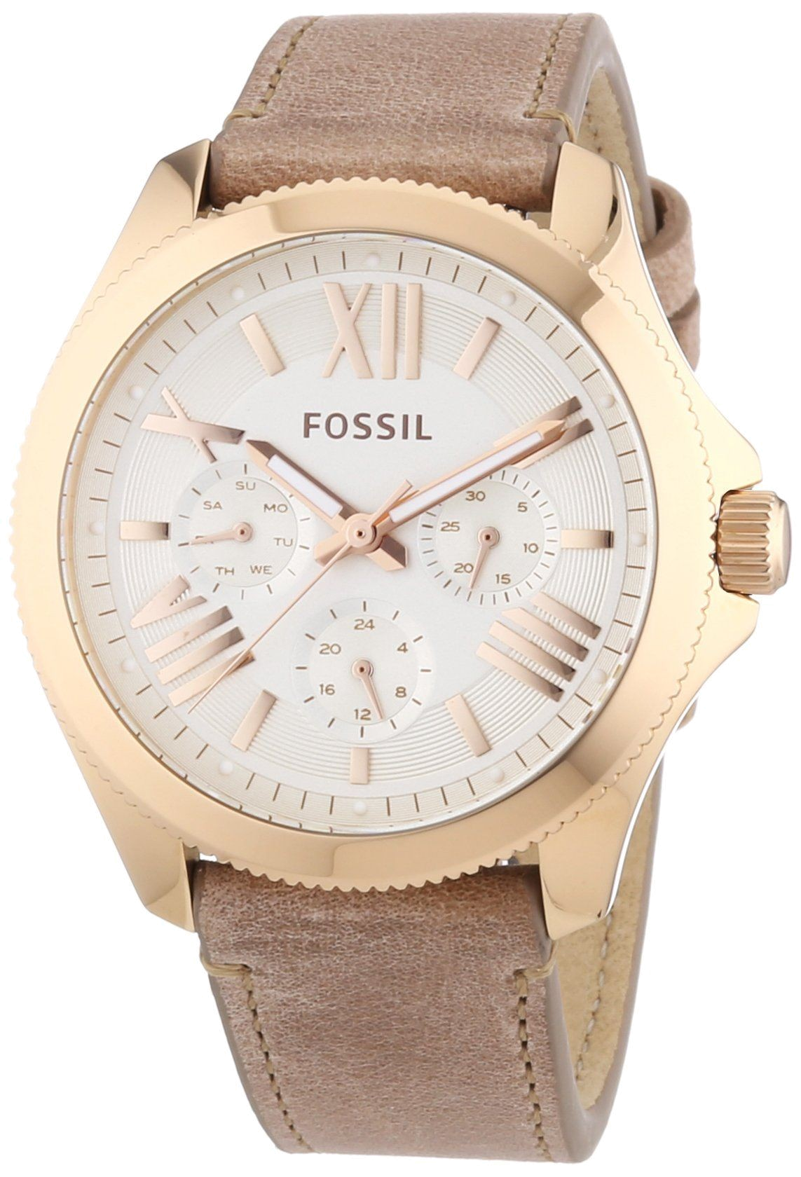 Fossil Cecile White Dial Beige Leather Strap Watch for Women - AM4532