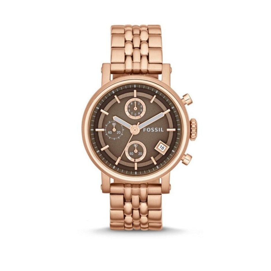 Fossil Boyfriend Chronograph Brown Dial Rose Gold Steel Strap Watch for Women - ES3494