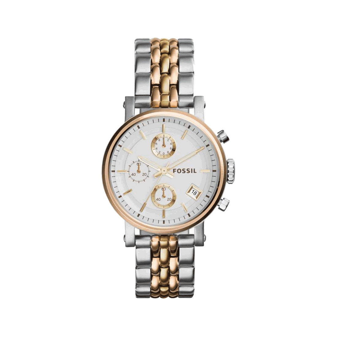 Fossil Boyfriend Chronograph White Dial Two Tone Steel Strap Watch for Women - ES3840