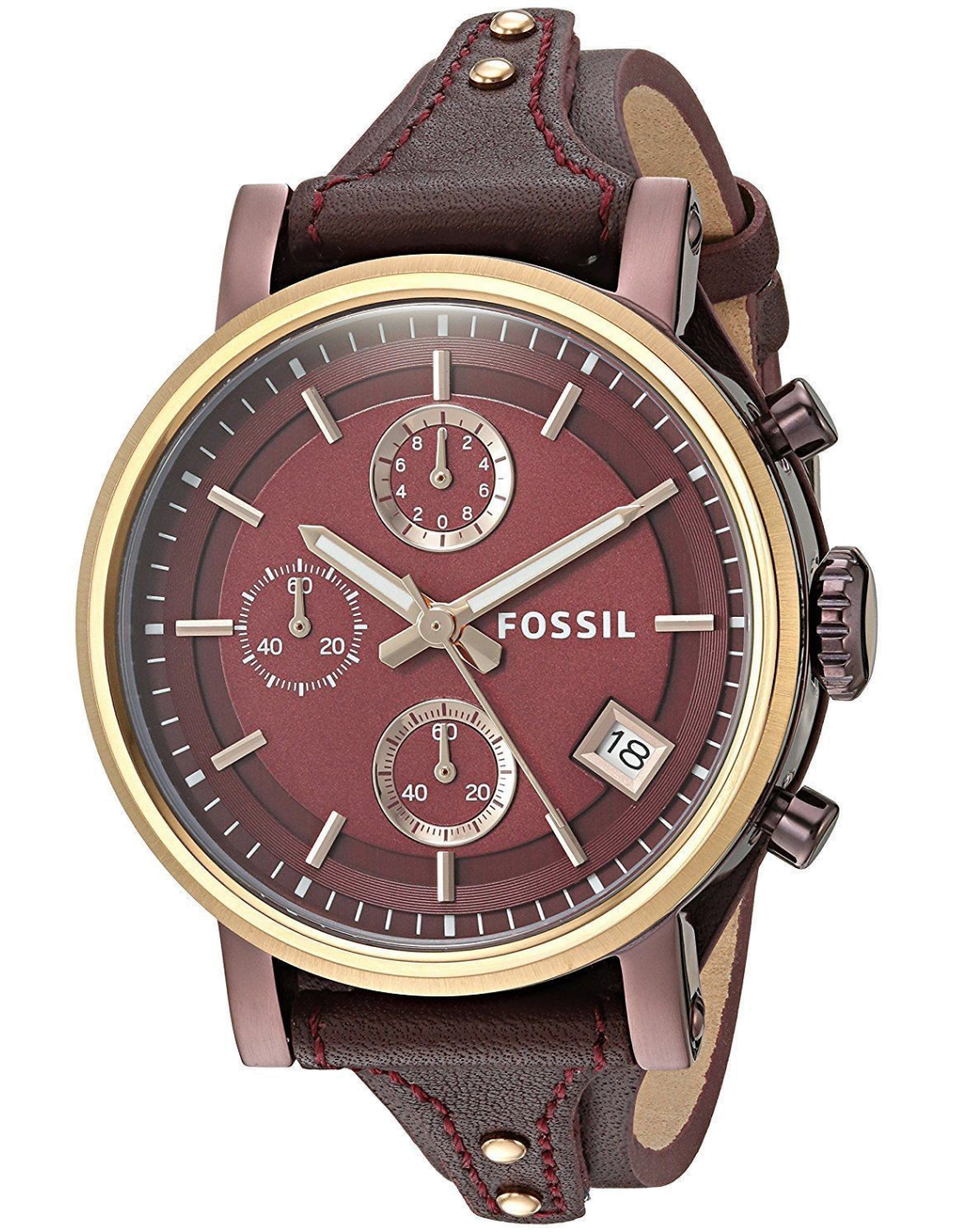 Fossil Original Boyfriend Sport Chronograph Maroon Dial Maroon Leather Strap Watch for Women - ES4114