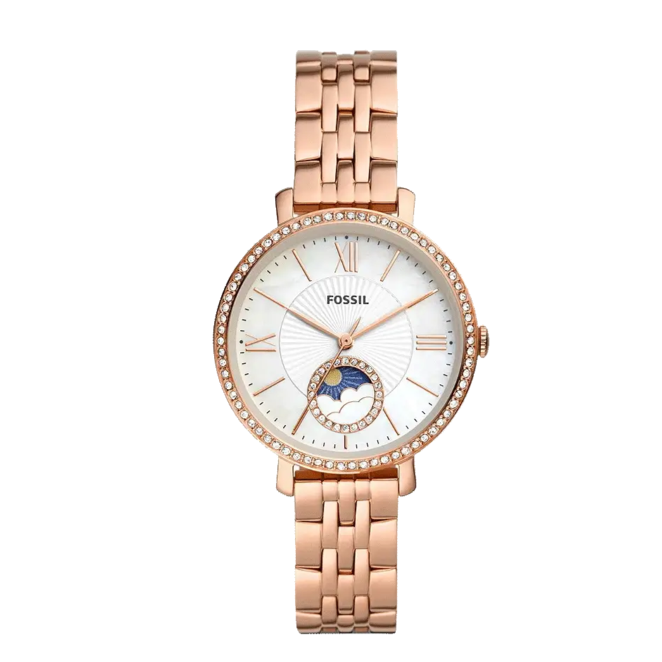 Fossil Jacqueline Analog Moonphase Mother of Pearl White Dial Rose Gold Steel Strap Watch for Women - ES5165