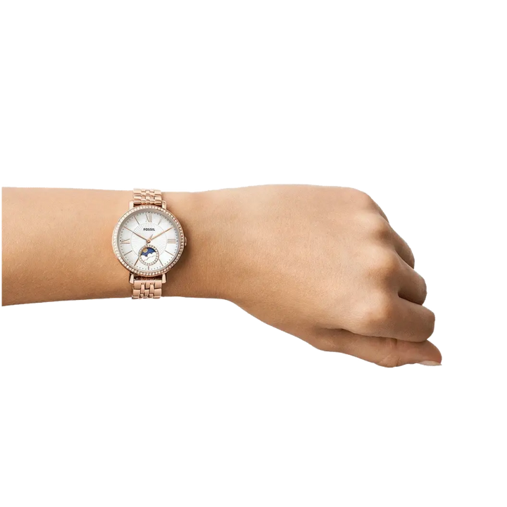 Fossil Jacqueline Analog Moonphase Mother of Pearl White Dial Rose Gold Steel Strap Watch for Women - ES5165
