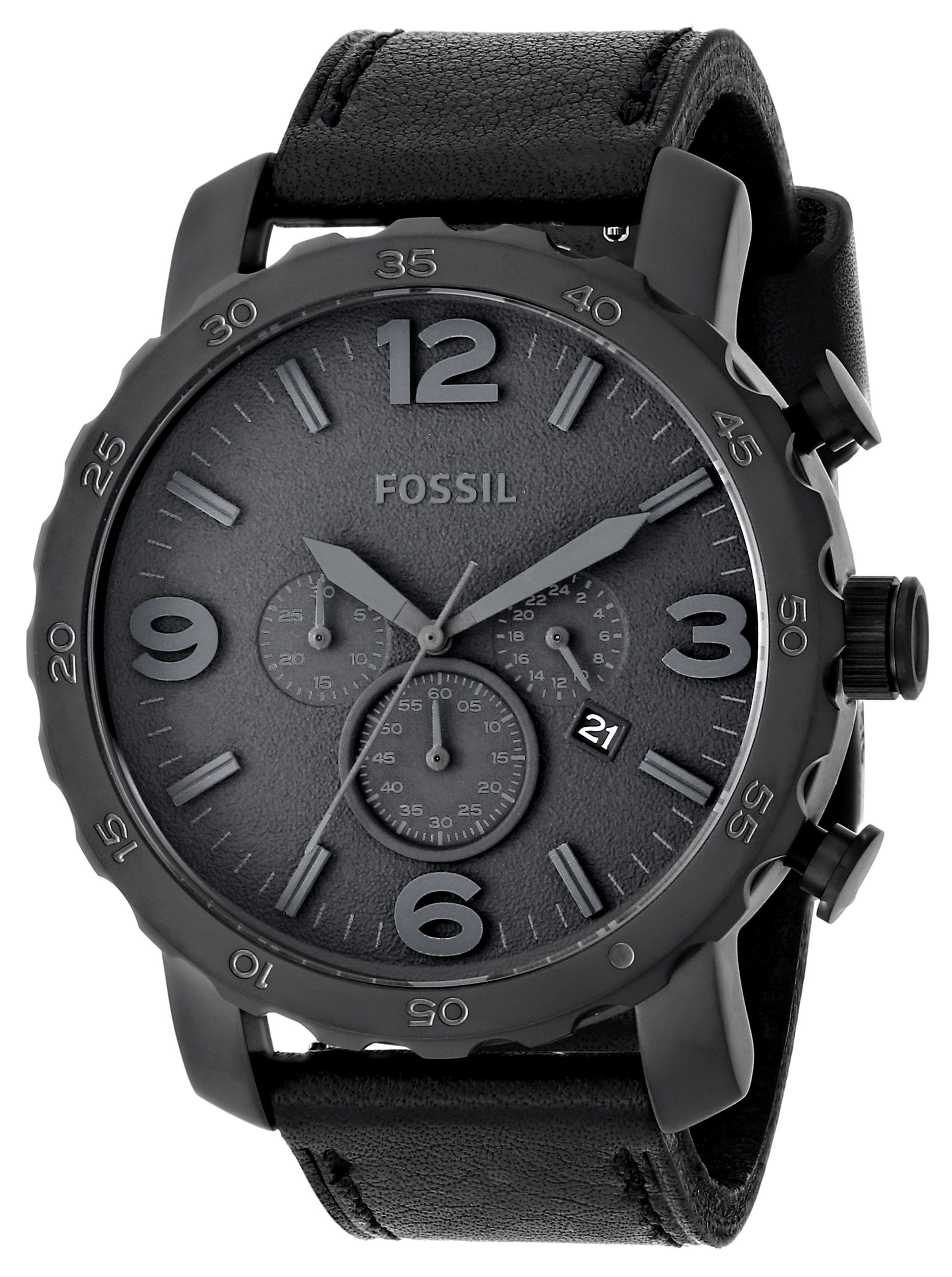 Fossil Nate Chronograph Black Dial Black Leather Strap Watch for Men - JR1354