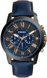 Fossil Grant Chronograph Black Dial Blue Leather Strap Watch for Men - FS5061