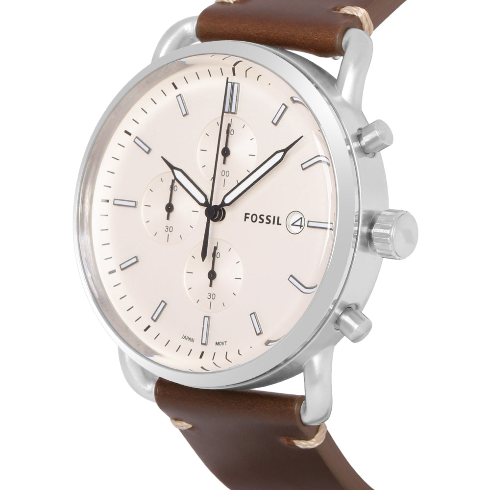 Fossil The Commuter White Dial Brown Leather Strap Watch for Men - FS5402