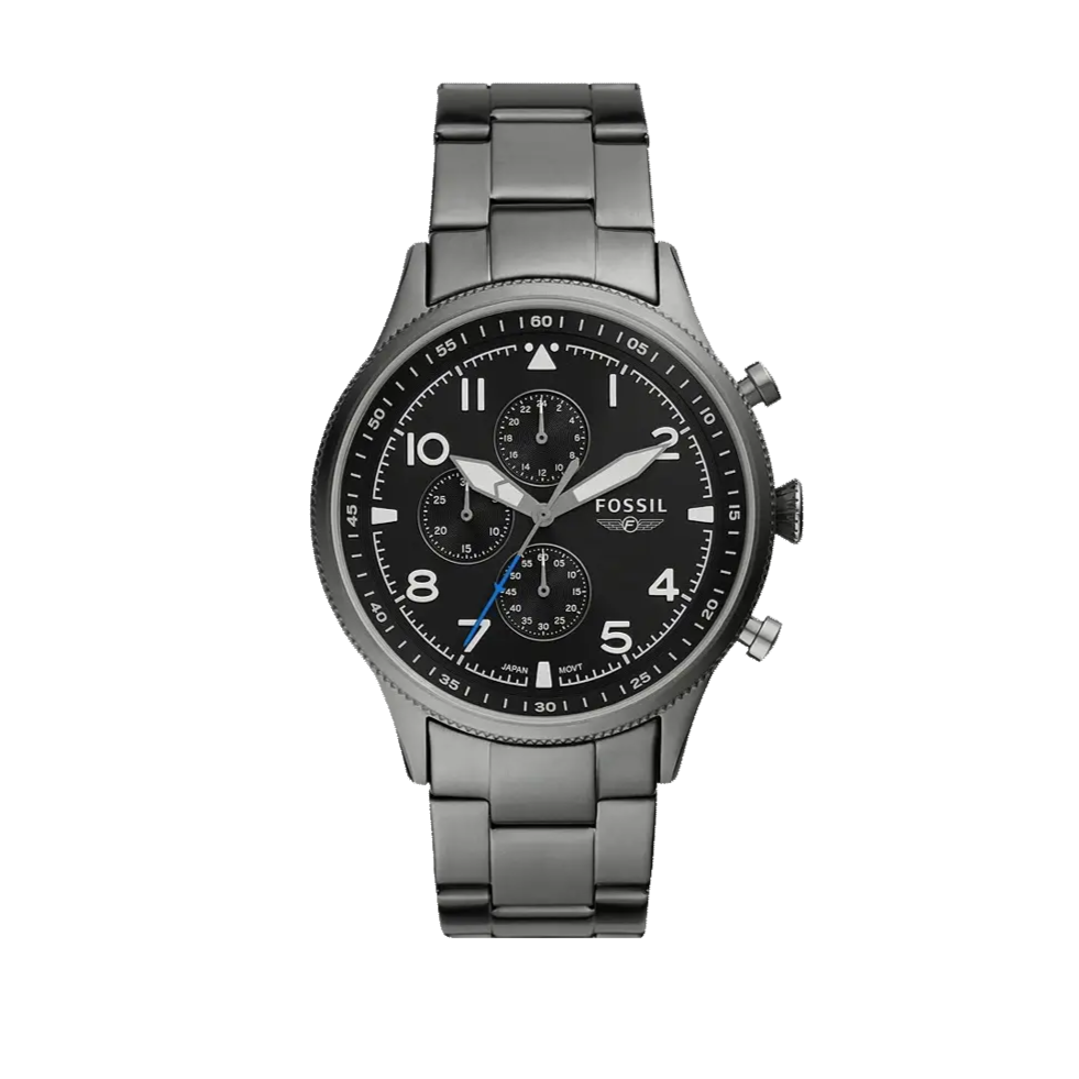 Fossil Retro Pilot Chronograph Black Dial Grey Steel Strap Watch for Men - FS5834