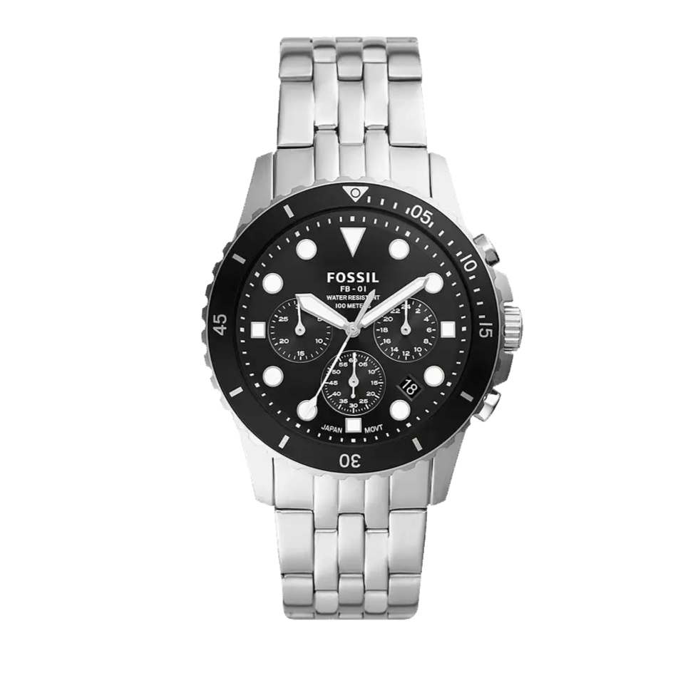 Fossil FB-01 Chronograph Black Dial Silver Steel Strap Watch for Men - FS5837