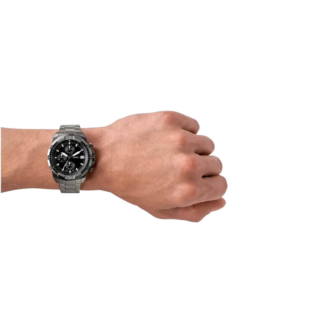 Fossil Bronson Chronograph Black Dial Grey Steel Strap Watch for Men - FS5852