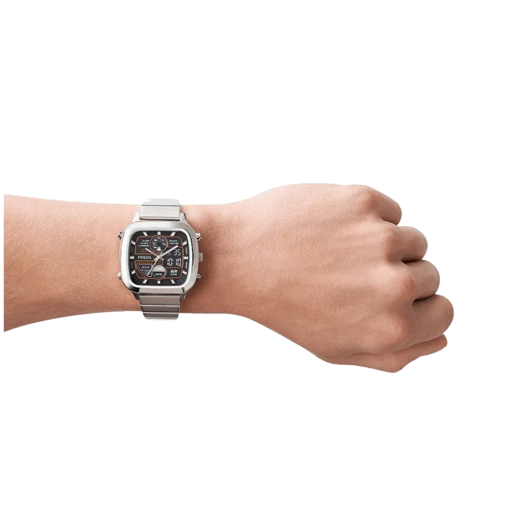 Fossil Retro Analog-Digital Black Dial Silver Steel Strap Watch for Men - FS5890