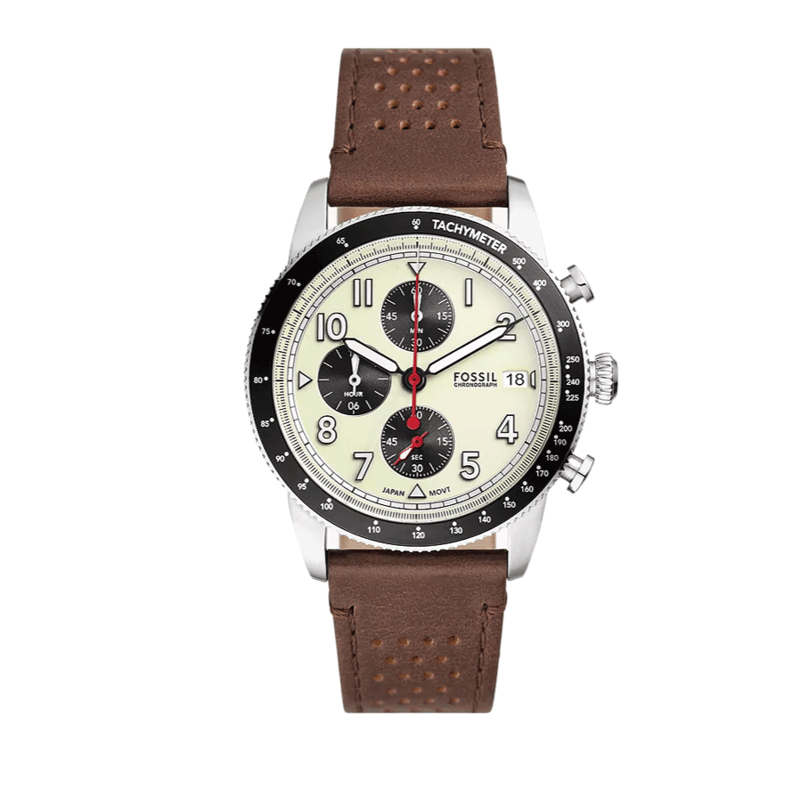 Fossil Sport Tourer Chronograph White Dial Brown Leather Strap Watch for Men - FS6042