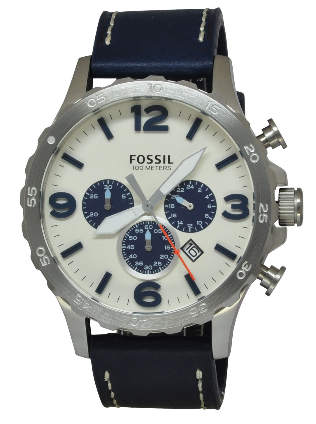 Fossil Nate Chronograph White Dial Blue Leather Strap Watch for Men - JR1480