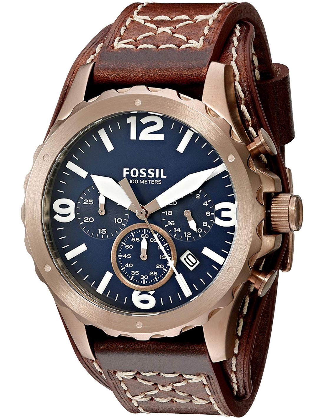 Fossil Nate Chronograph Blue Dial Brown Leather Strap Watch for Men - JR1505