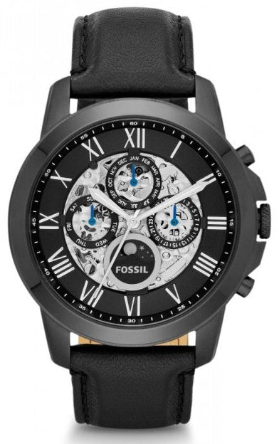 Fossil Grant Automatic Black Dial Black Leather Strap Watch for Men - ME3028