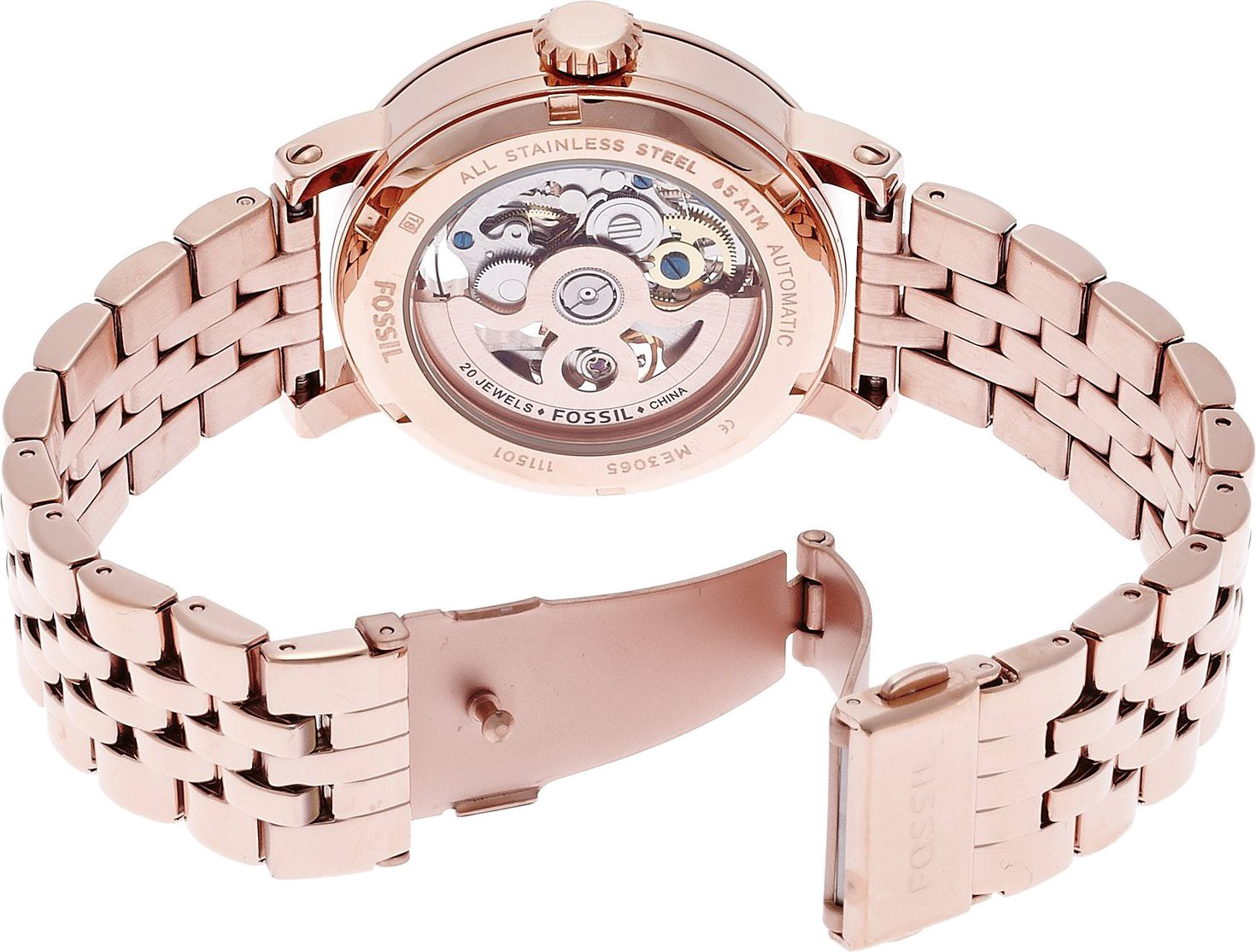 Fossil Boyfriend Automatic Skeleton Rose Gold Dial Rose Gold Steel Strap Watch for Women - ME3065