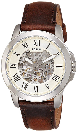 Fossil Grant Automatic Beige Skeleton Dial Brown Leather Strap Watch for Men - ME3099