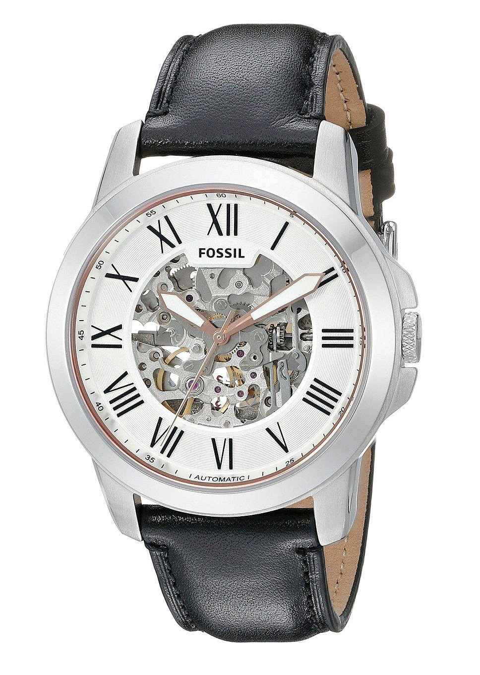 Fossil Grant Automatic Skeleton White Dial Black Leather Strap Watch for Men - ME3101