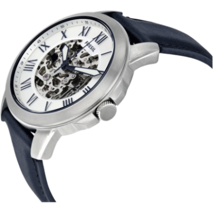 Fossil Grant Automatic Skeleton Silver Dial Blue Leather Strap Watch for Men - ME3111