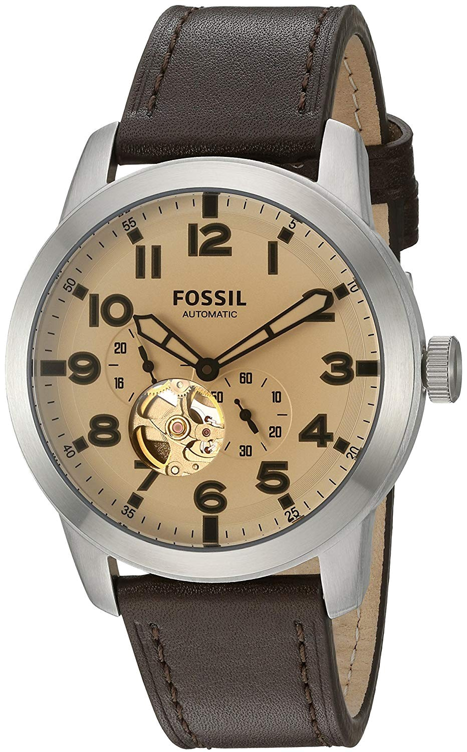 Fossil Pilot 54 Automatic Cream Dial Brown Leather Strap Watch for Men - ME3119