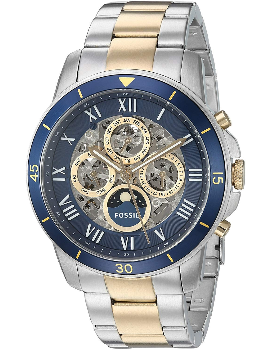 Fossil Grant Sport Automatic Skeleton Blue Dial Two Tone Steel Strap Watch for Men - ME3141