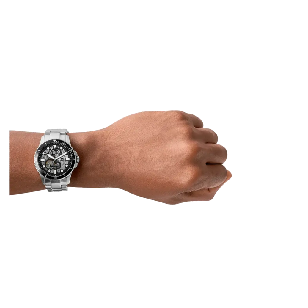 Fossil FB-01 Automatic Skeleton Black Dial Silver Steel Strap Watch for Men - ME3190