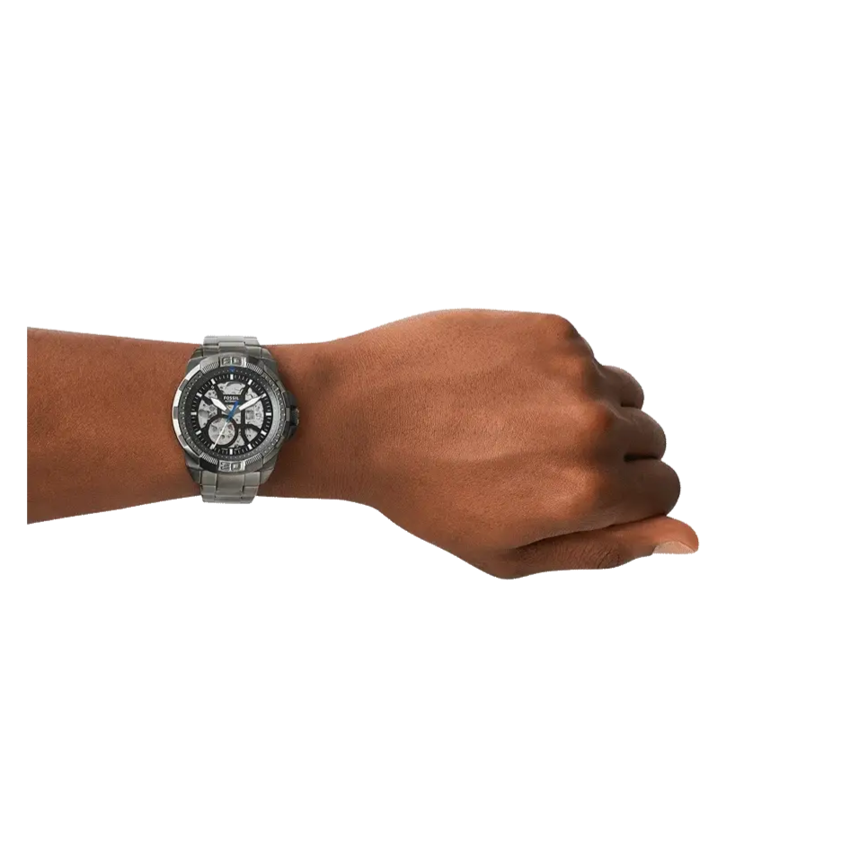 Fossil Bronson Automatic Skeleton Black Dial Grey Steel Strap Watch for Men - ME3218