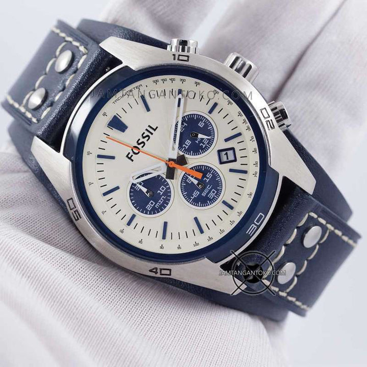 Fossil Coachman Chronograph White Dial Blue Leather Strap Watch for Men - CH3051