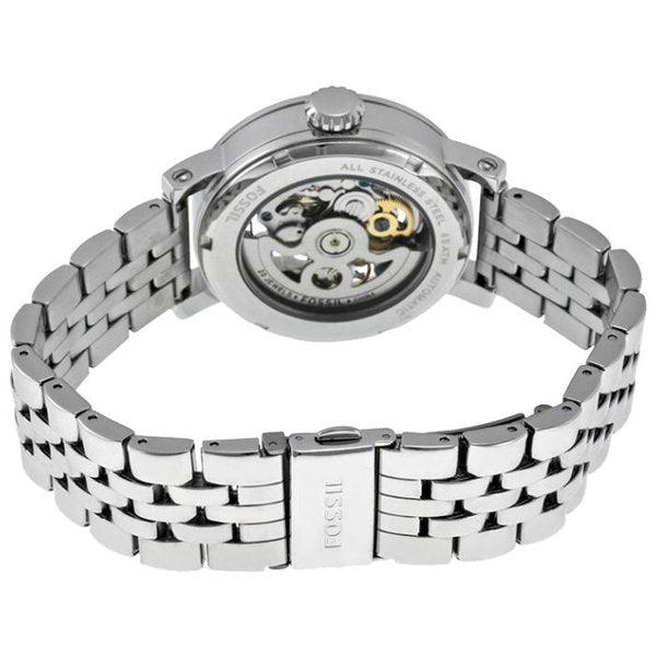 Fossil Boyfriend Automatic Skeleton Silver Dial Silver Steel Strap Watch for Women - ME3067
