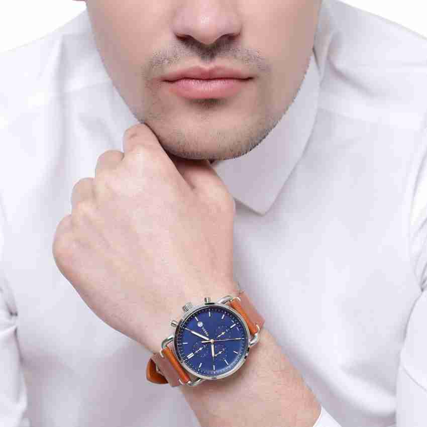 Fossil The Commuter Blue Dial Brown Leather Strap Watch for Men - FS5401