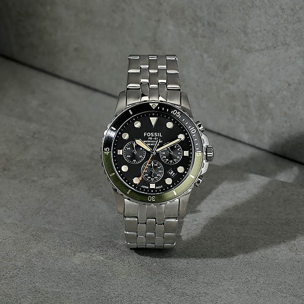 Fossil FB-01 Chronograph Black Dial Silver Steel Strap Watch for Men - FS5864