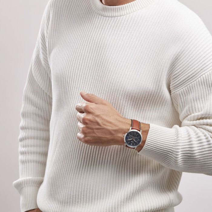 Fossil Neutra Minimalist Moonphase Blue Dial Brown Leather Strap Watch for Men - FS5903