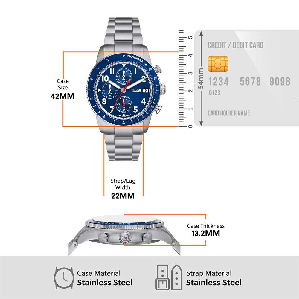 Fossil Sport Tourer Chronograph Blue Dial Silver Steel Strap Watch for Men - FS6047