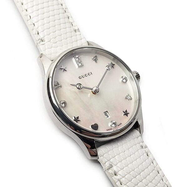 Gucci G-Timeless Mother of Pearl White Dial White Leather Strap Watch For Women - YA126597