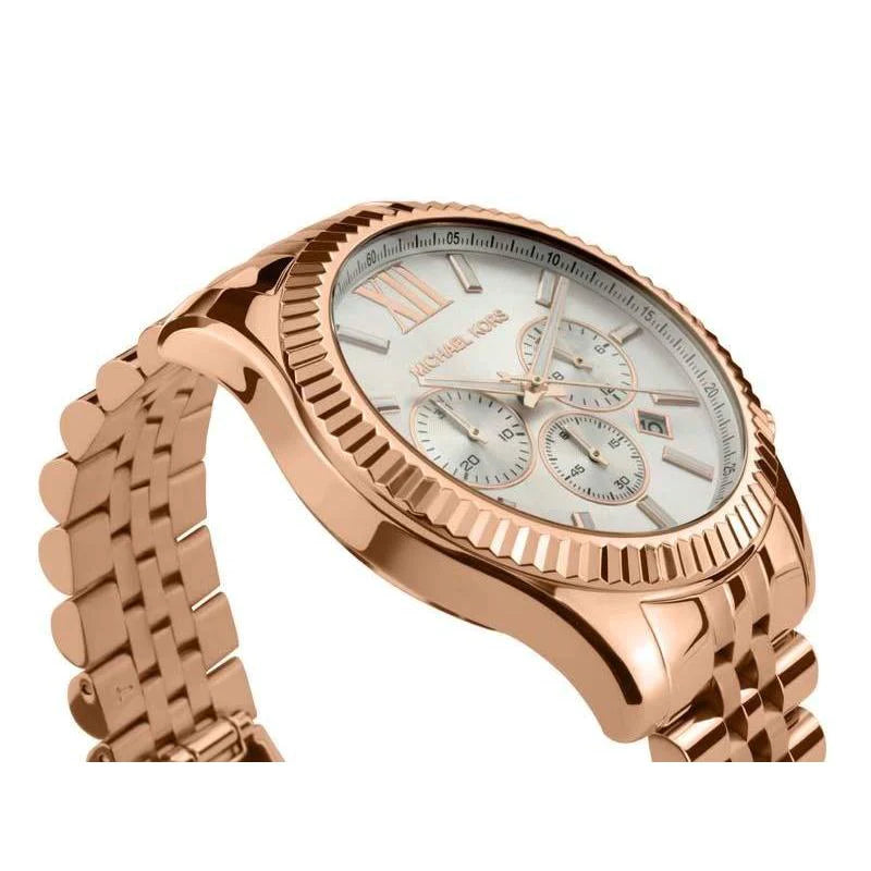 Michael Kors Lexington Chronograph White Dial Rose Gold Steel Strap Watch For Women - MK8313