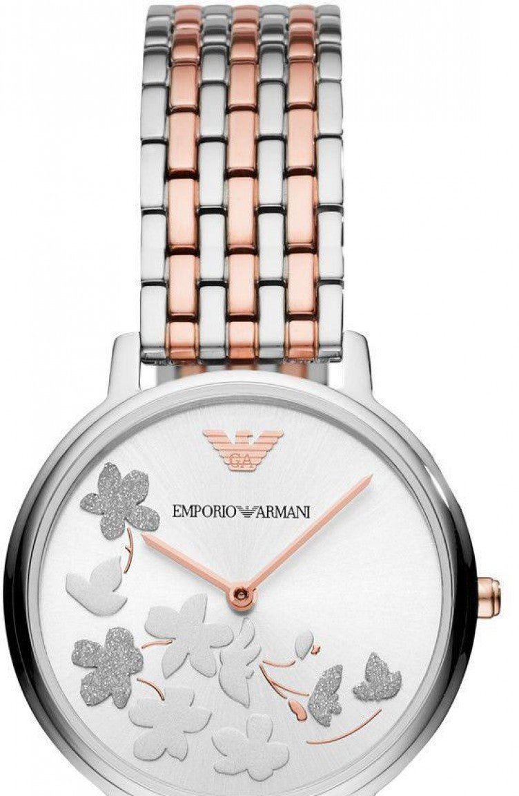 Emporio Armani Silver Sunray Dial Two Tone Steel Strap Watch For Women - AR11113