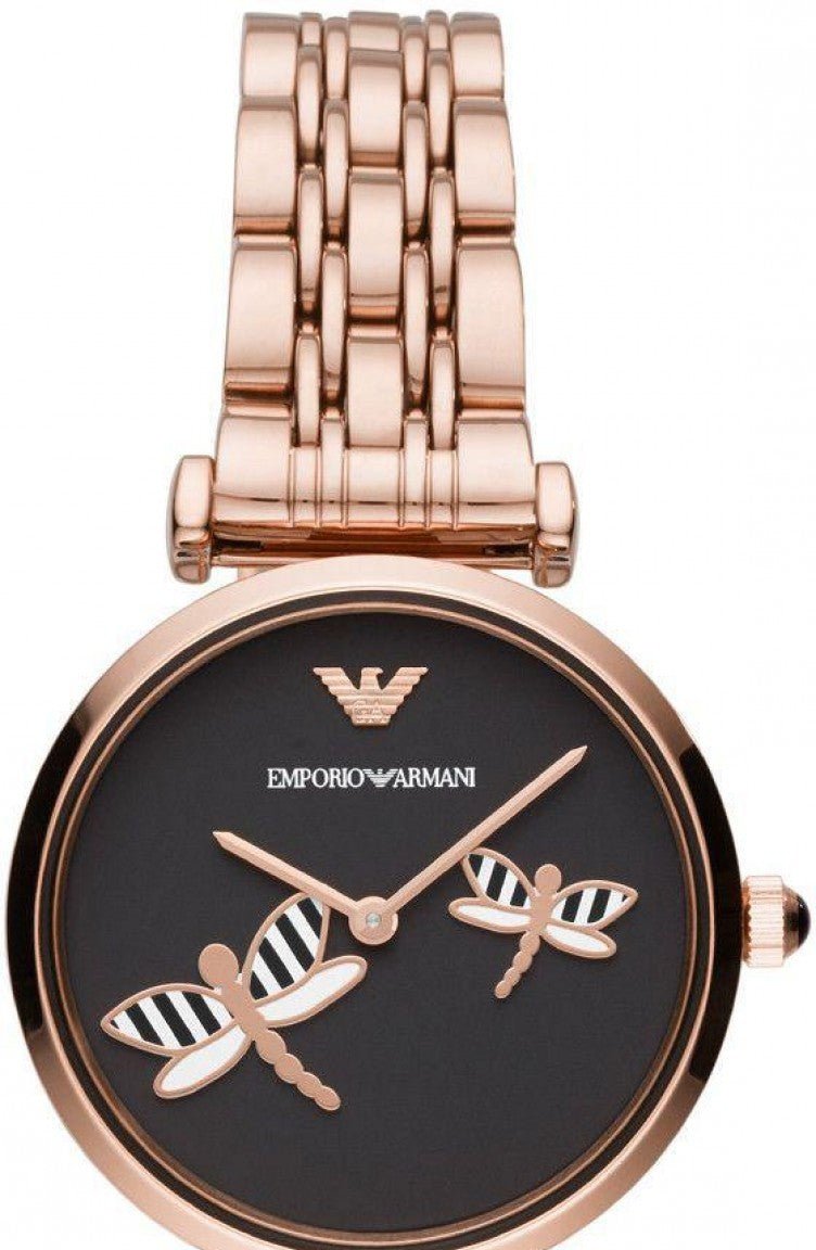 Emporio Armani Gianni T Bar Black Dial Rose Gold Steel Strap Watch For Women - AR11206