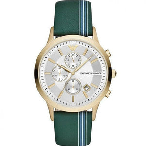 Emporio Armani Renato Chronograph Silver Dial Green Leather Strap Watch For Men - AR11233