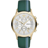 Emporio Armani Renato Chronograph Silver Dial Green Leather Strap Watch For Men - AR11233